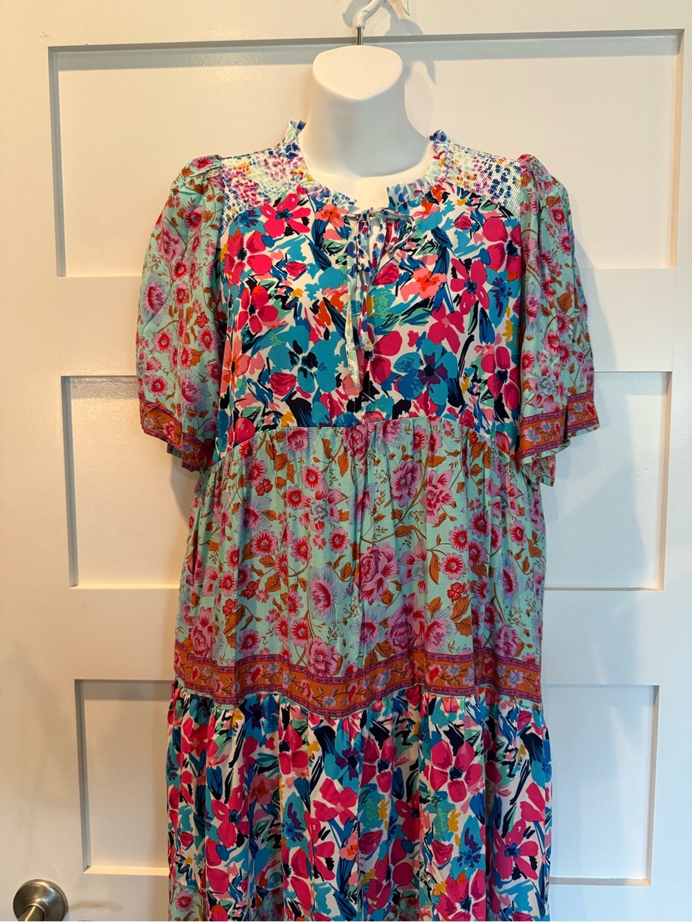 Umgee Teal and Fuchsia Floral Tiered Midi Dress - Picture 2 of 3